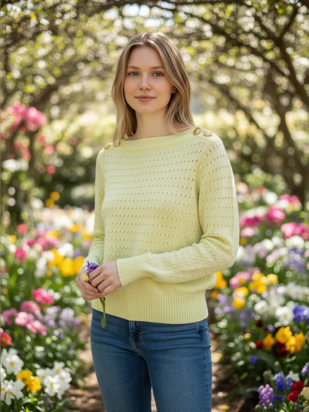 Women's Light Yellow Button-Shoulder Knit Sweater